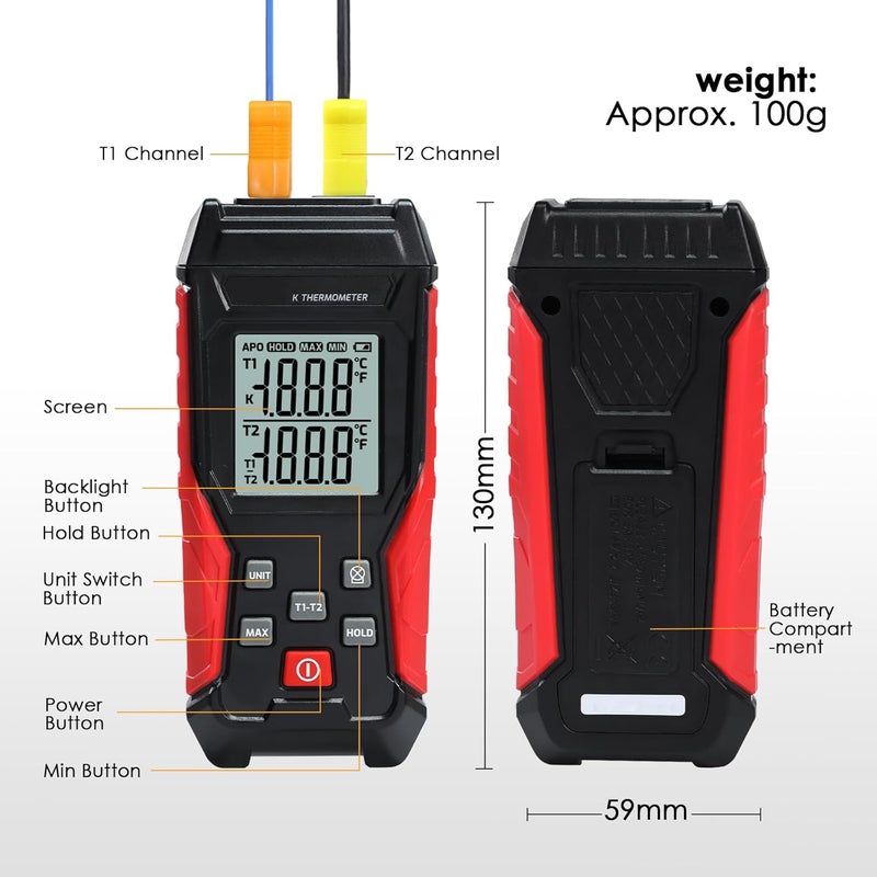 JuviPerpric Digital Thermocouple Thermometer Dual Channel K Type Thermometer(-328~2501℉) with 4 K-Type Thermocouple Probes LCD Display Temperature Tester for K Type - Image 5